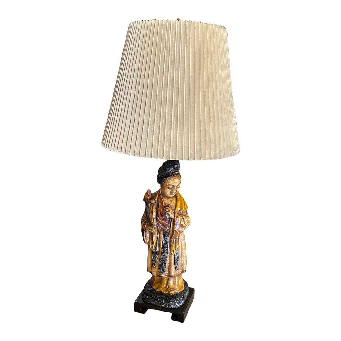 1970s Wooden Hand Carved Figurative Large Lamp With Shade: Up for consideration is a beautiful vintage figurative wooden hand carved table lamp. This is a lovely piece that would look perfect in your home, and it is a great conversation starter for your guest