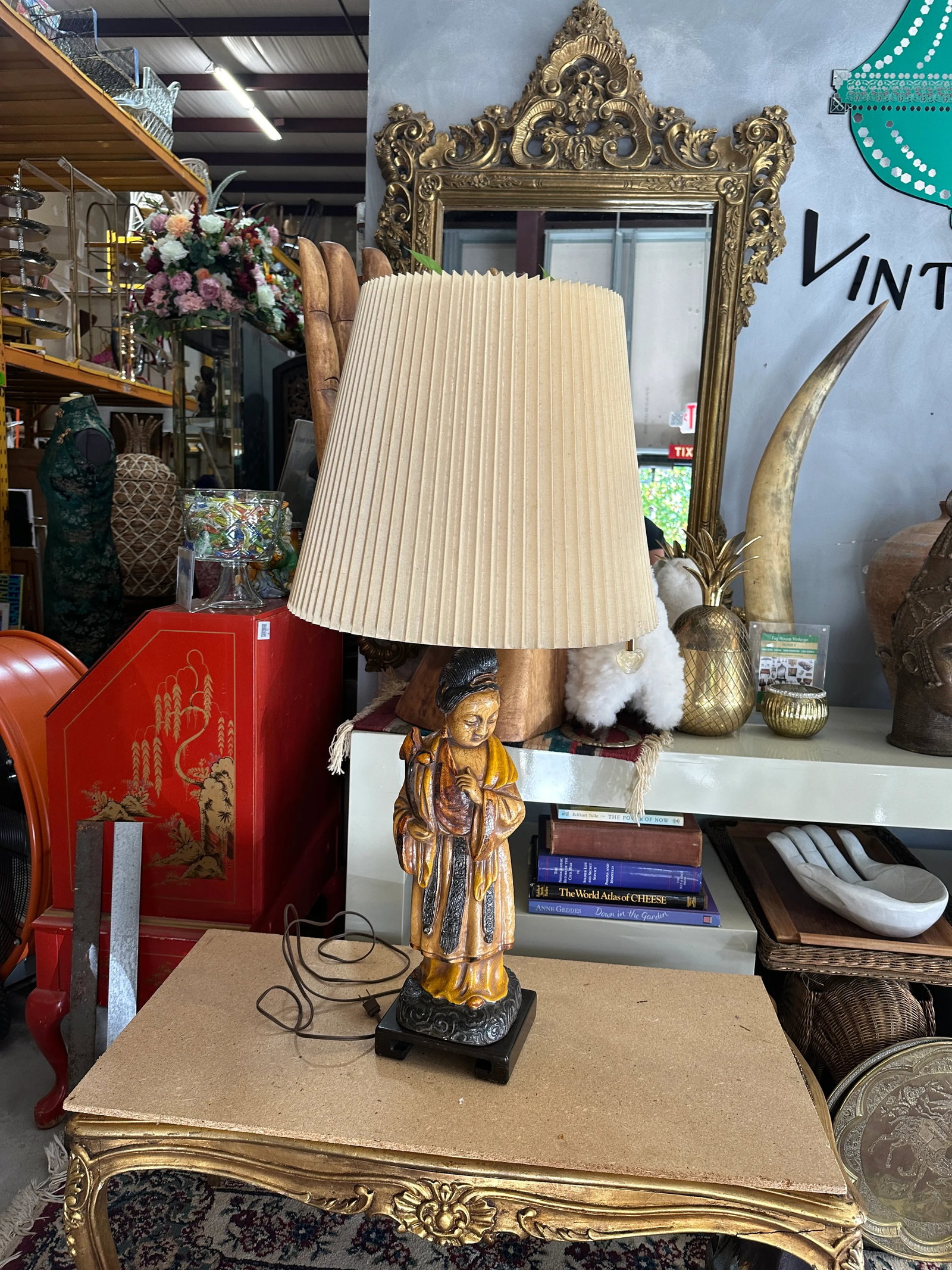 1970s Wooden Hand Carved Figurative Large Lamp With Shade - 5