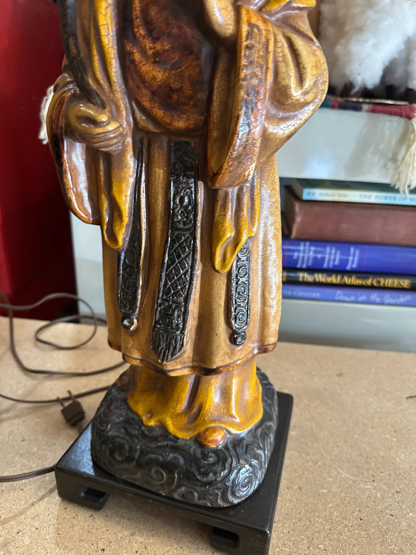 1970s Wooden Hand Carved Figurative Large Lamp With Shade - 8