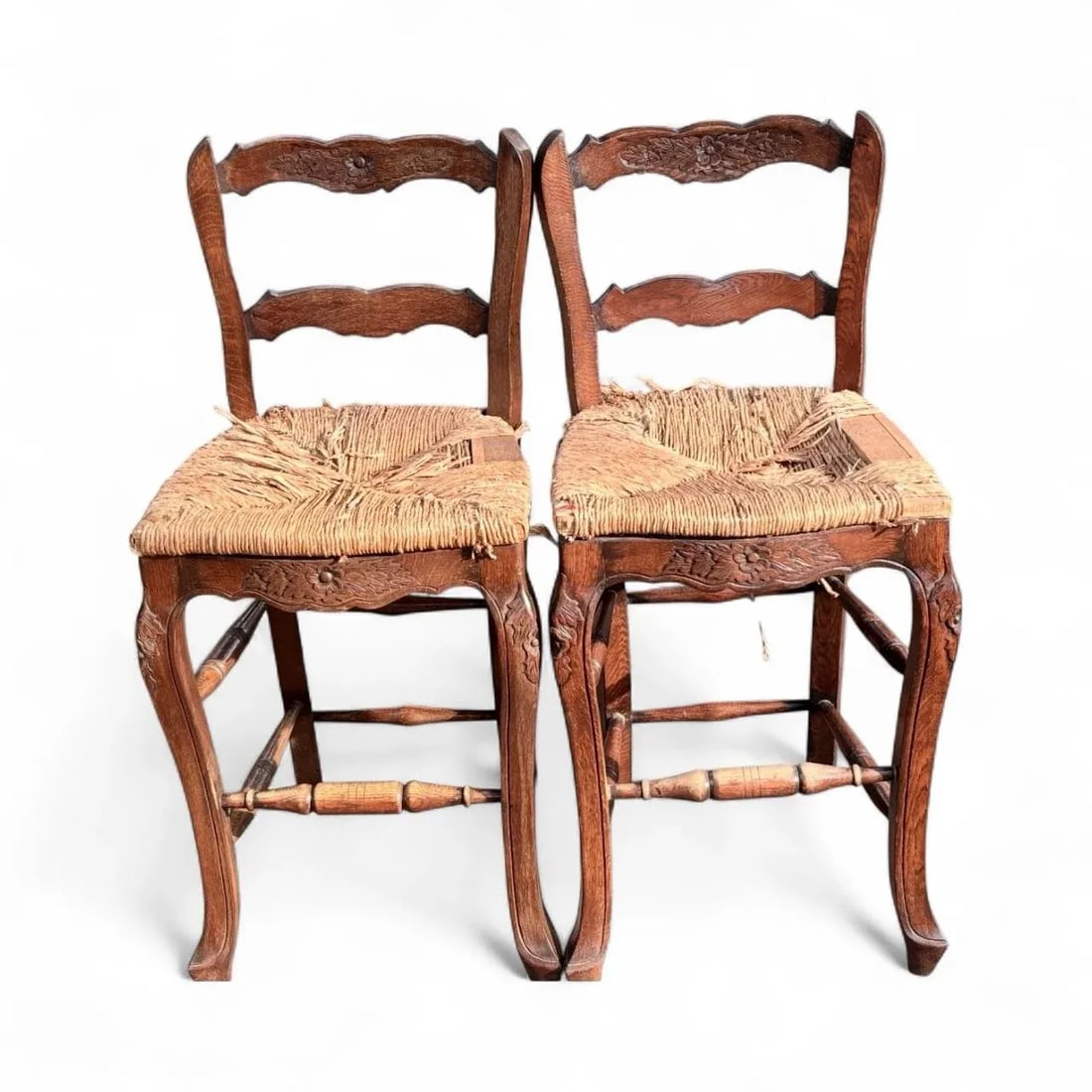 Pair English Country Rush-Seat Chairs "” Hand-Woven Seats - 3