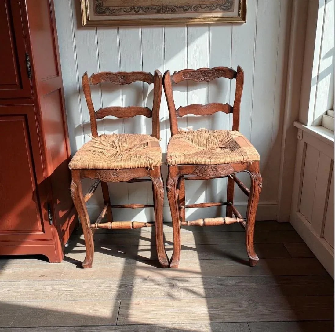 Pair English Country Rush-Seat Chairs "” Hand-Woven Seats - 7