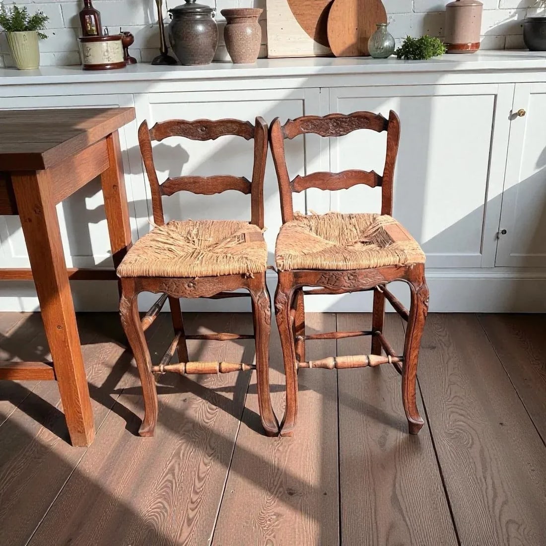 Pair English Country Rush-Seat Chairs "” Hand-Woven Seats - 9