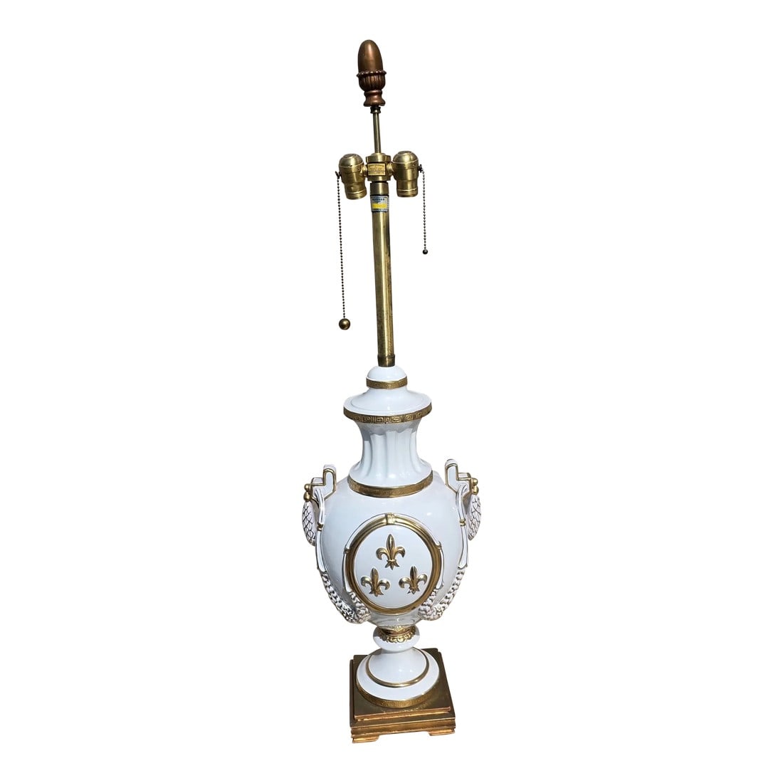 Flour De Lis Marboro Lamp: Beautiful large white glazed ceramic lamp with gold Fleur de lis made by the Marboro lamp company of Los Angeles back in the 1970's. Condition: Alterations: Original Condition Unaltered
