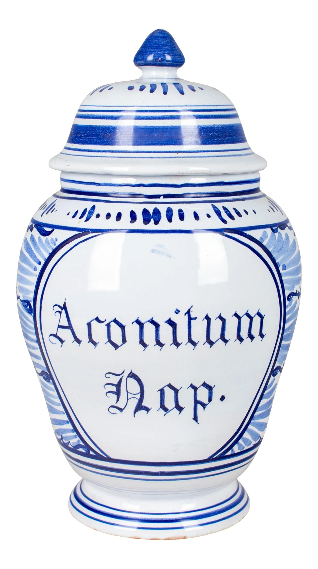 Delft Faience Apothecary Jar: A Delft faience apothecary jar with blue hand painted decoration and label: Aconitum Dap. Unmarked. Remnants of green foil label near the base. Condition: Alterations: Original Condition Unaltered