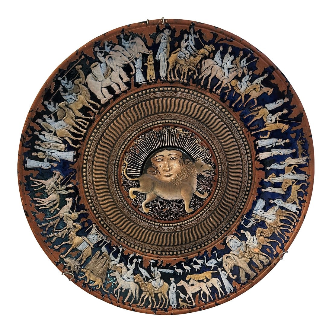 1970s Large Decorative Plate With Processional Scene: This large 23-inch decorative charger represents a fine example of monumental Soviet studio ceramics, created by a professional artist during the late 20th century in Tashkent, Uzbekistan. The piece c