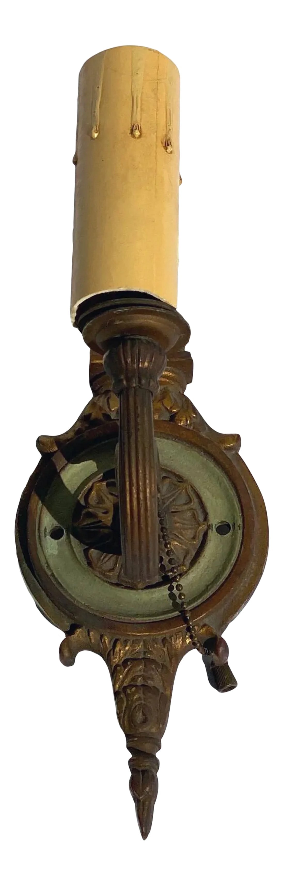 Late 19th Century Small French Bronze Sconce Circular One Arm With Decorative Flower: A charming beautiful small 19th Century French circular one arm sconce with pull chain. Perfect for that small space that needs a piece of art to light the way. Condition: Alterations: Original Condit