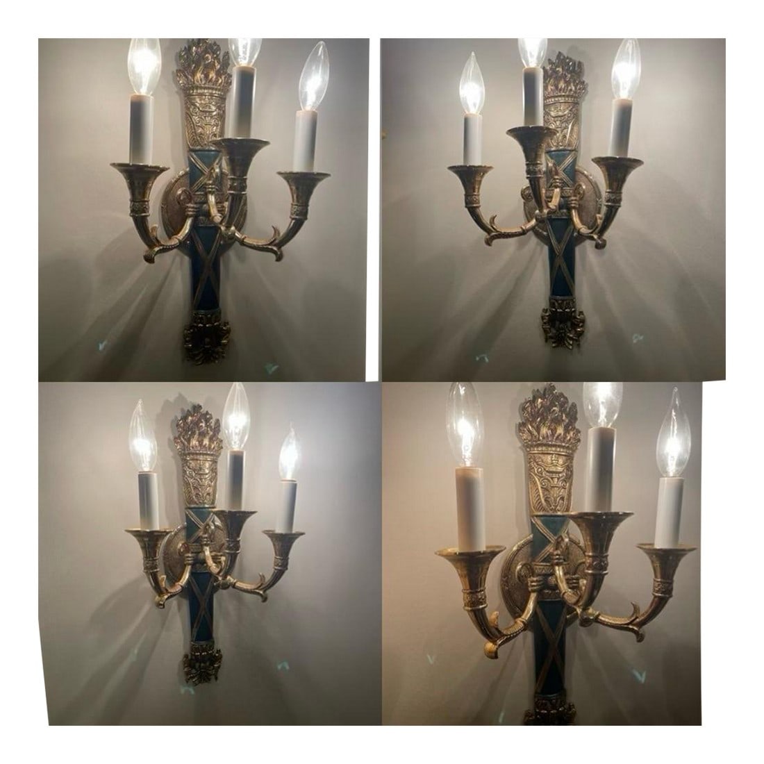Four 3 Light Brass Wall Sconces: Ornate Gothic:/Midieval antique brass three light wall sconce with forest green accents. Beautiful well balanced and proportional design. Condition: Alterations: Original Condition Unaltered
