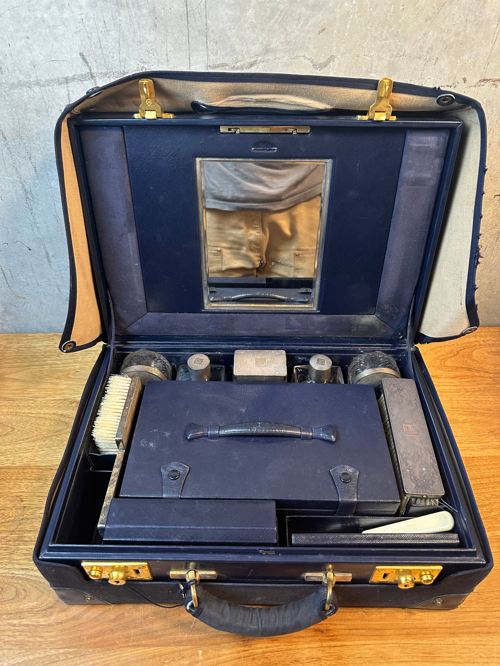 Antique Morabito Paris Men's Fitted Travel Vanity Case Navy Leather & Glass Grooming Set - 6
