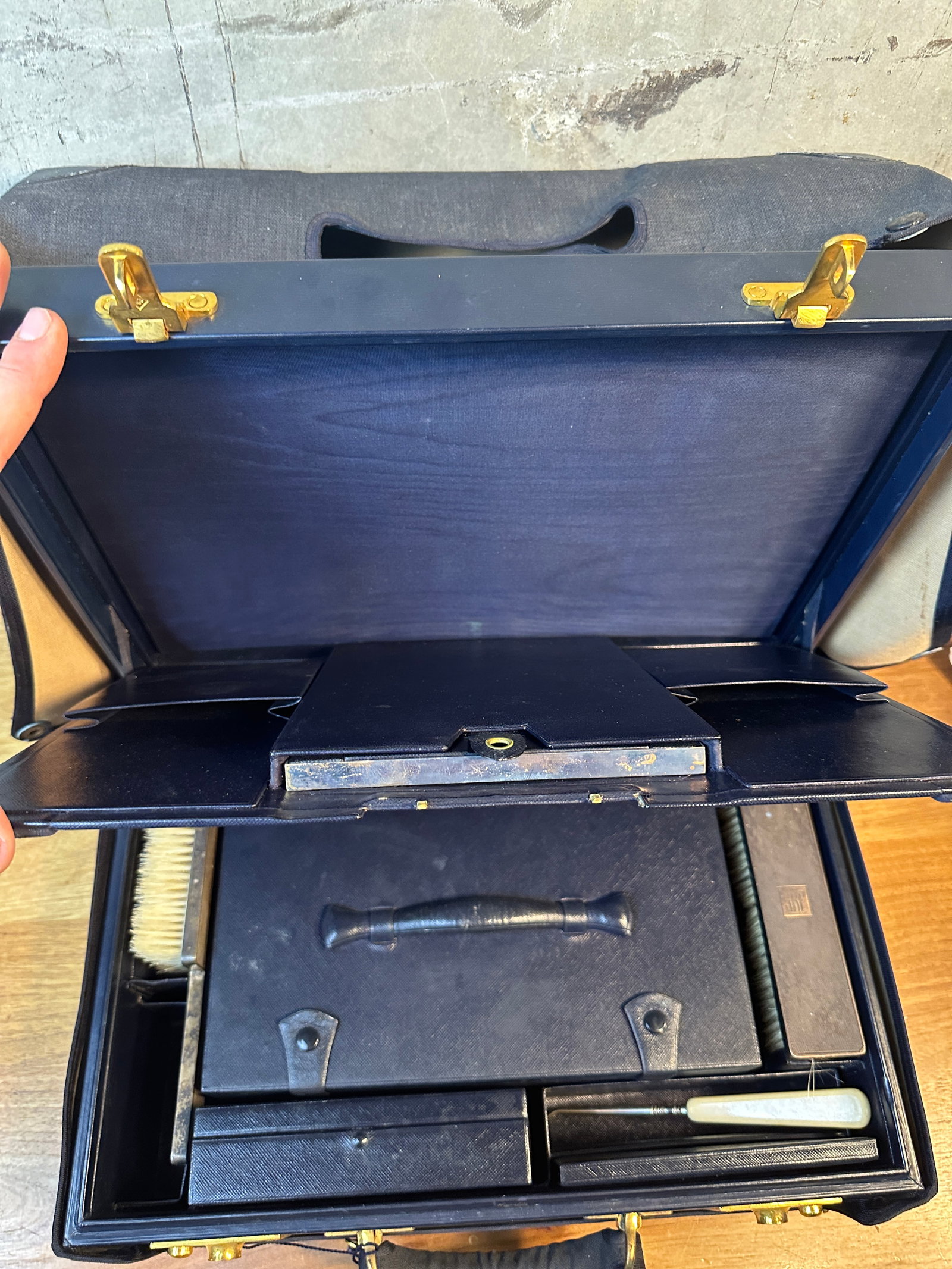 Antique Morabito Paris Men's Fitted Travel Vanity Case Navy Leather & Glass Grooming Set - 9