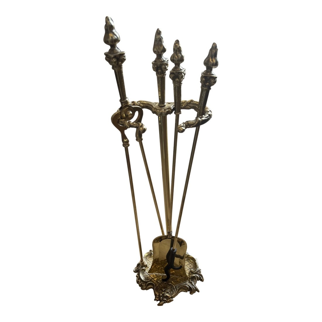 French Brass Set of Fireplace Tools: French Brass set of fireplace tools in the Louis XV Style, solid brass and repolished and lacquered to prevent tarnishing. Condition: Alterations: Restored Imperfections: Some Imperfections Condition