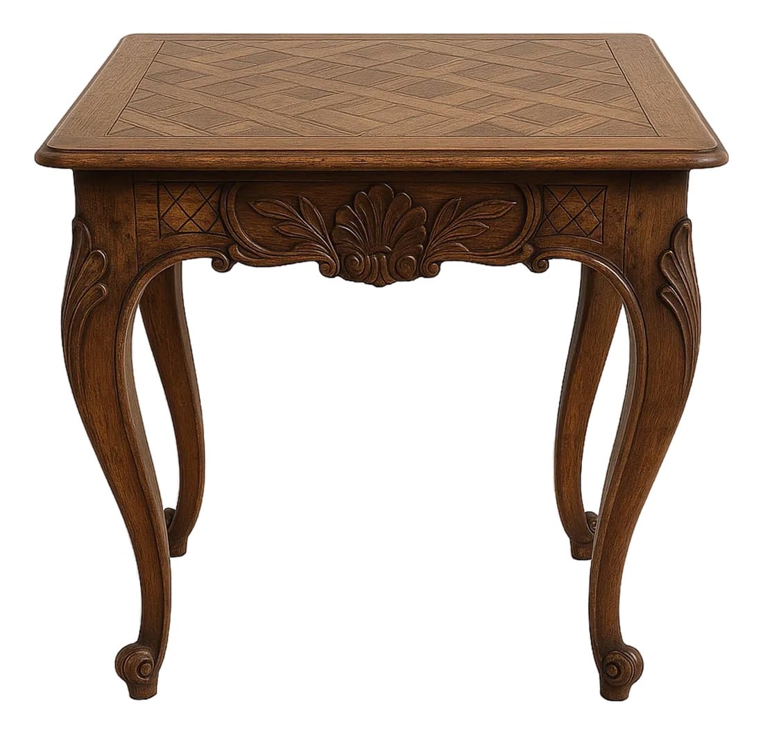 French Provincial Parquetry Side Table With Inlaid Top "” 26" Square: A French Provincial side table featuring a parquetry inlaid top and finely carved cabriole legs. The shaped apron is detailed with shell and foliate motifs, with cross-hatch corner carving
