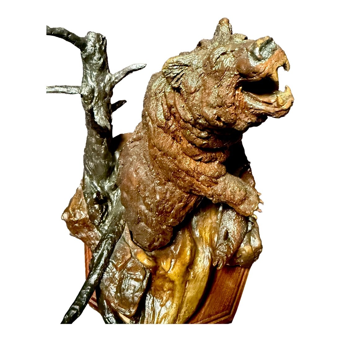 1980s Bronze Roaring Bear by Wally Shoop "No Intruders" Western Wildlife Sculpture: This striking wildlife bronze by sculptor Wally Shoop, titled "No Intruders," portrays a powerful bear mid-roar, rearing from a rugged rock outcrop. The piece is richly patinated with warm brown and g