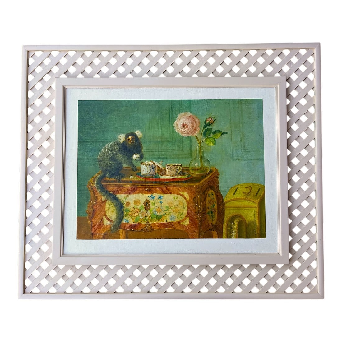 1980s Louis Tessier, a Marmoset Monkey Taking Sweets on a Painted Commode Giclée Reproduction: Charming and highly decorative giclée print on canvas after "A Marmoset Taking Sweets on a Painted Commode" by French artist Louis Tessier. The scene captures a mischievous marmoset monkey pausin