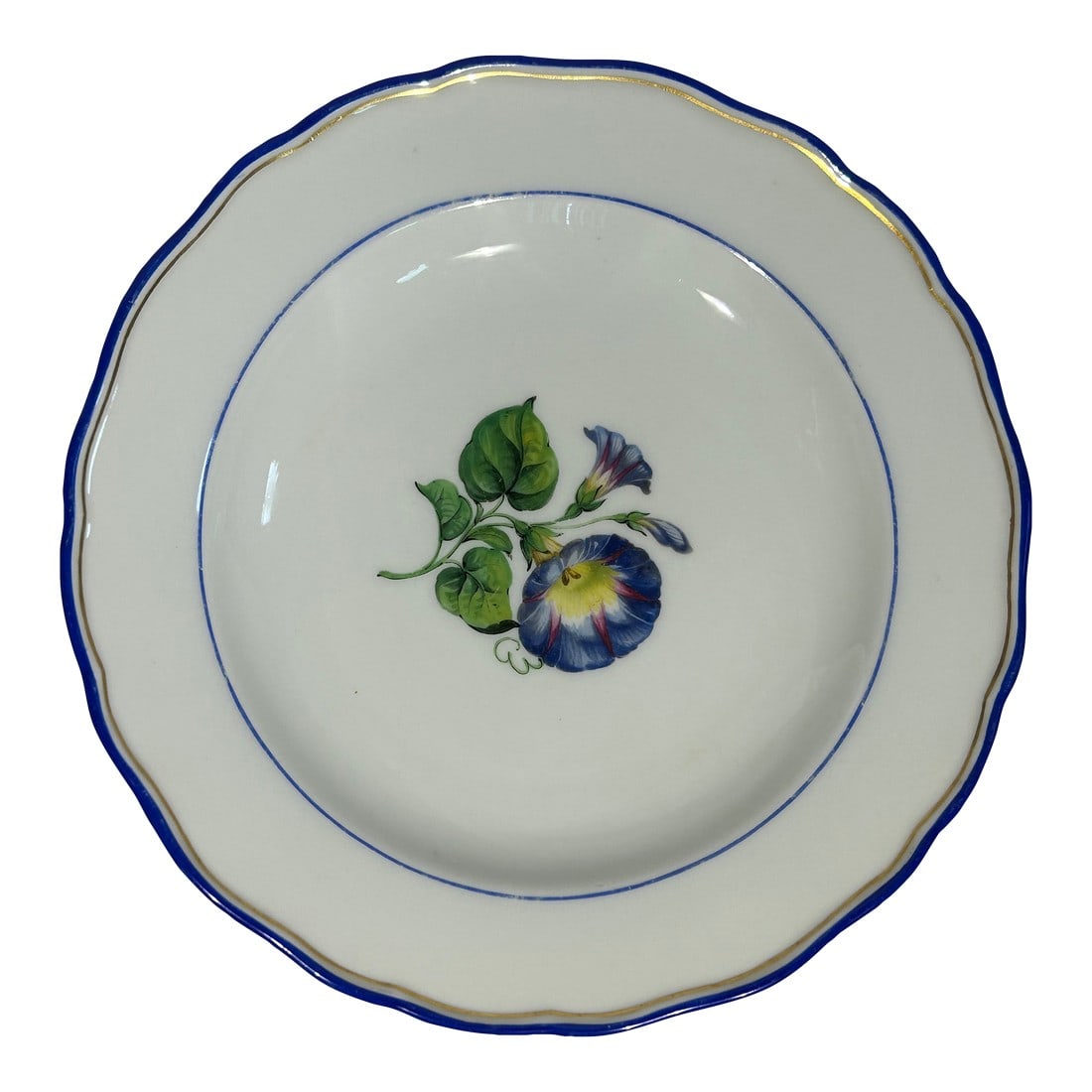 Set of Four Meissen Porcelain Floral Plates With Cobalt Rims: Meissen Porzellanmanufaktur, Germany Dimensions: Ã˜ 9 in (22.9 cm) each Material: Hard-paste porcelain with hand-painted enamel decoration and gilt accents Marks: Crossed-swords marks in und