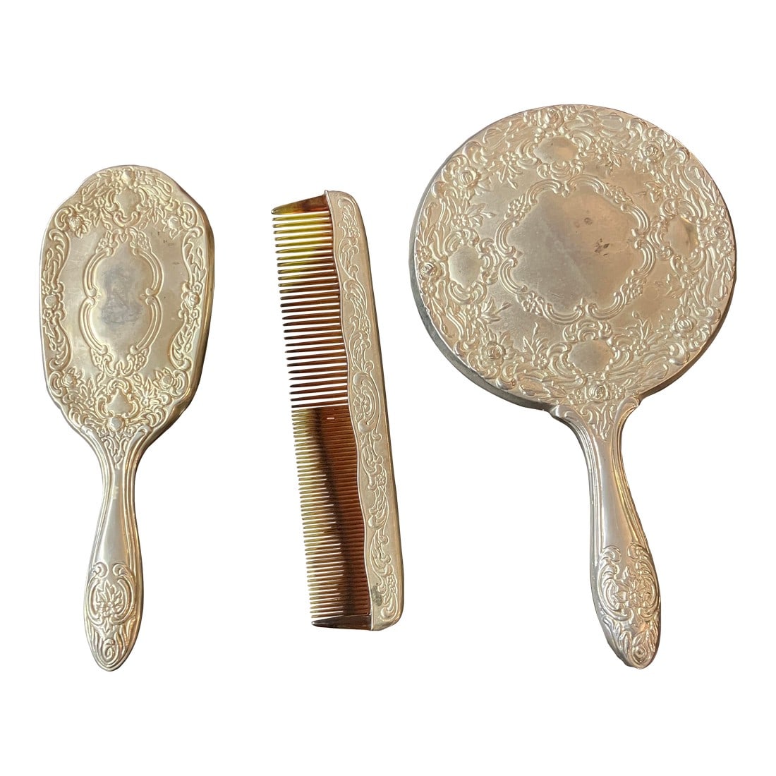 Vintage Silver-Plated 3-Piece Vanity Set: Brush, Beauty Mirror, & Comb (1 of 5)