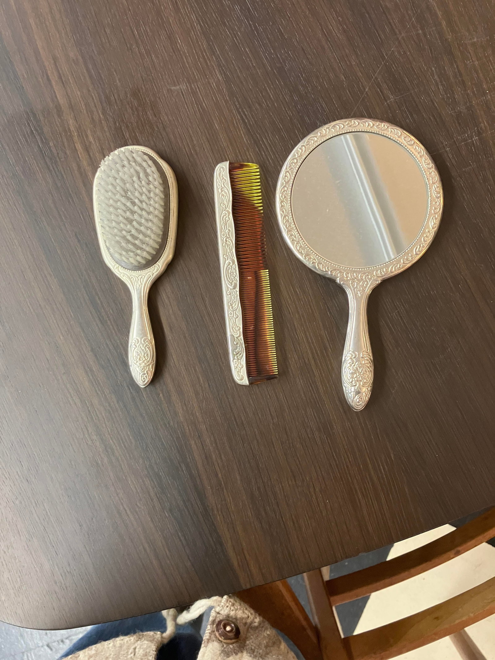 Vintage Silver-Plated 3-Piece Vanity Set: Brush, Beauty Mirror, & Comb - 2