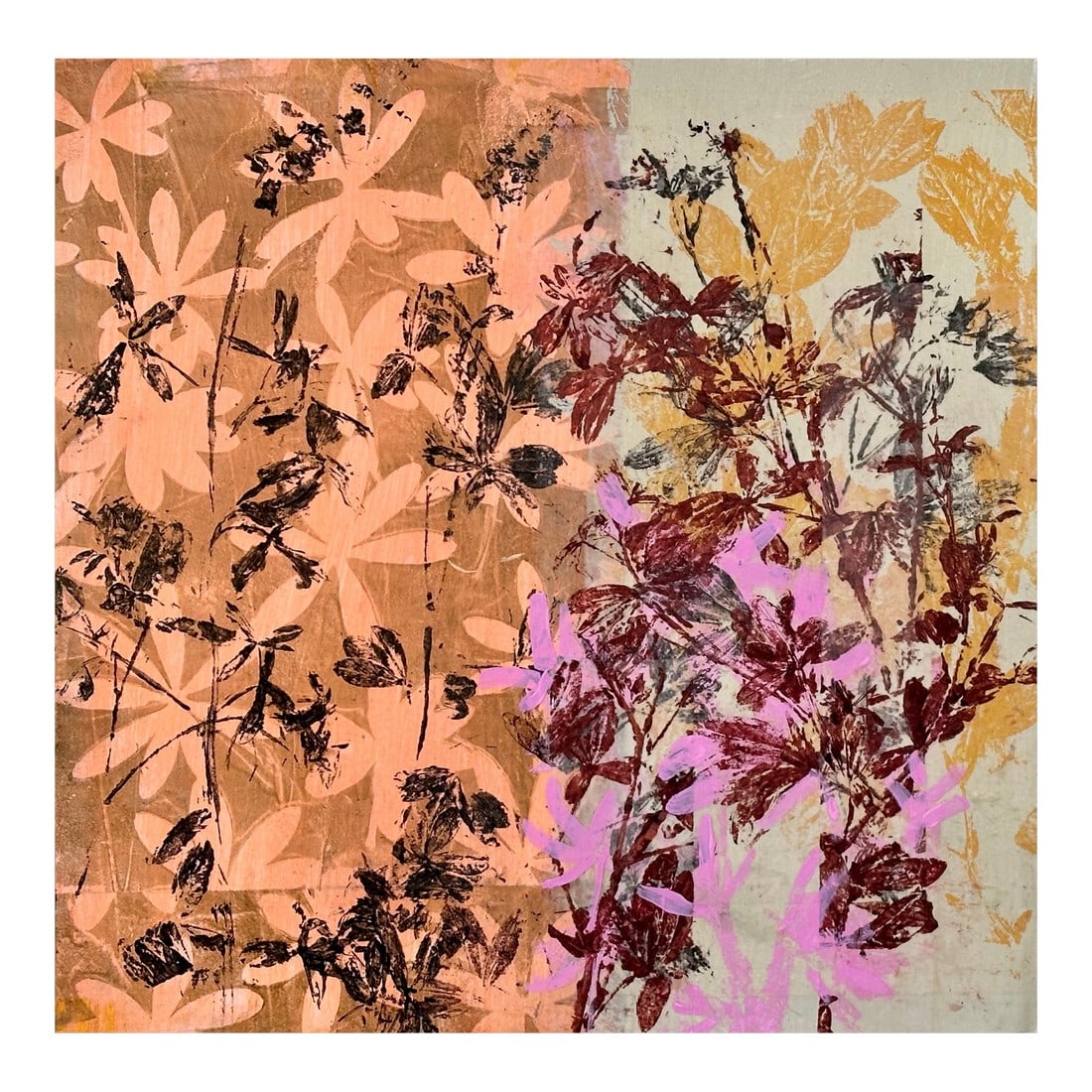 Lupin: I have been printing our wild Lupin all summer. I love the way the leaves look like flowers. This piece, on wood panel, is layered with prints and paint. It reminds me of the evening light on the