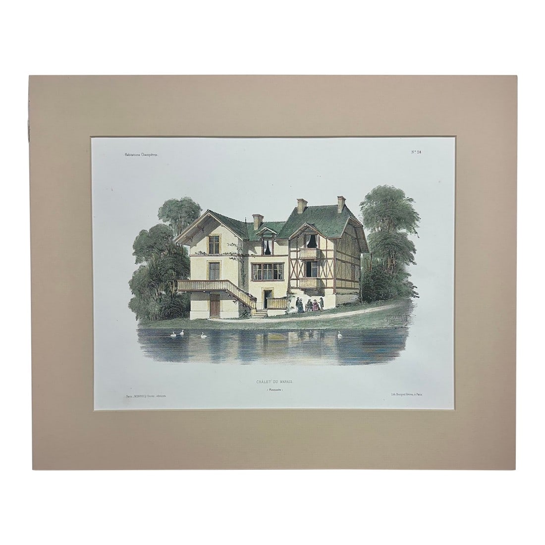Chalet Du Marais (Marsh), Original Lithograph, 1860: Original hand-colored lithograph of the Chalet of the Marsh, featuring people and swans by a body of water, which suggests a peaceful, rustic setting from Habitations Champetres by the Becquet