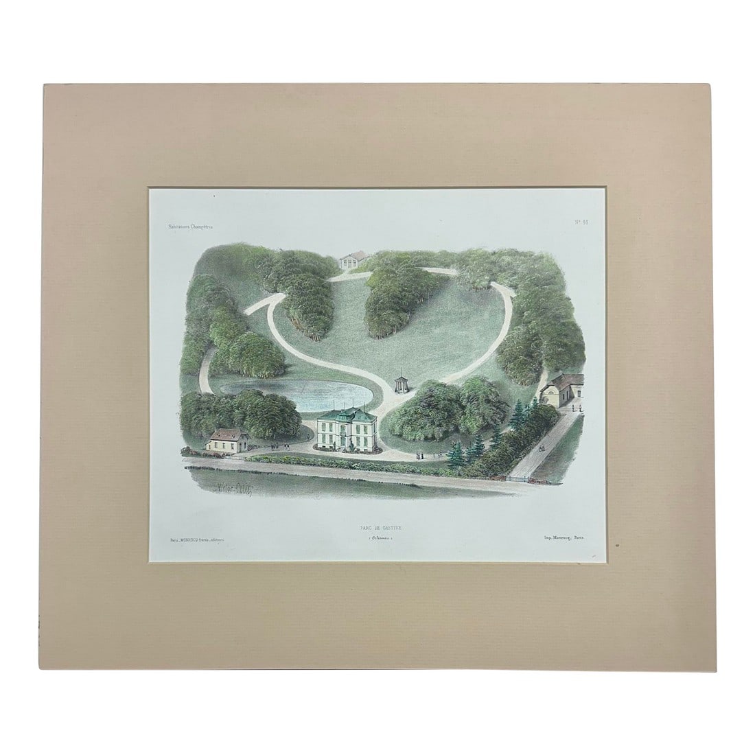 Parc De Gastines Original Lithograph, 1860: Original hand colored lithograph from Habitations Champetres by Becquet Brothers, circa 1860. The lithograph illustrates a detailed, aerial-style view of a country estate's grounds, including a large