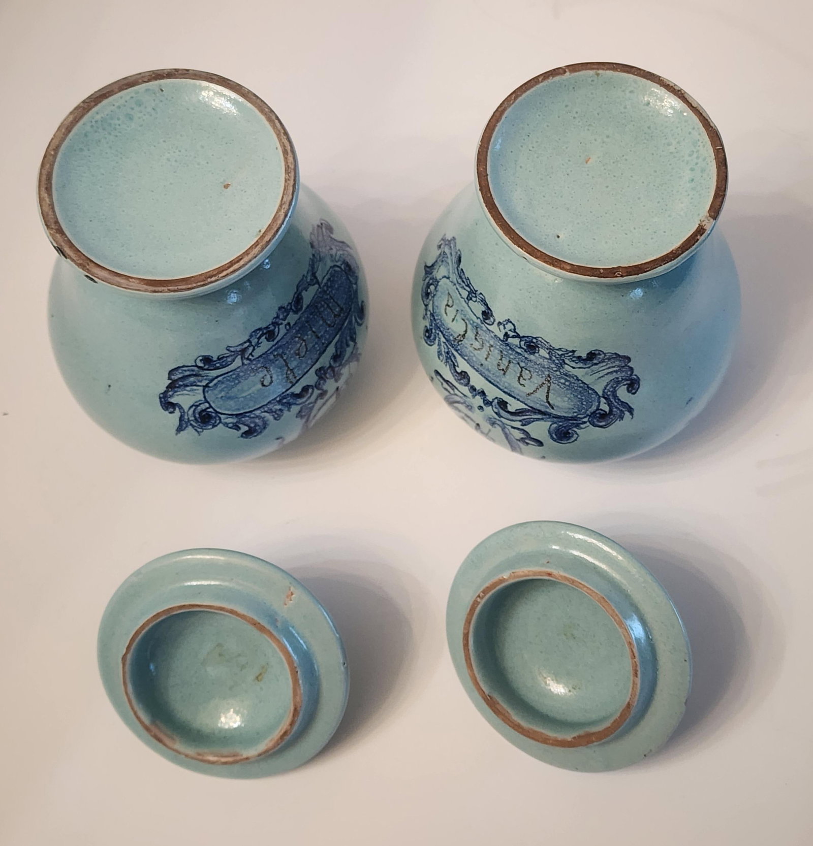 1920s Pair of French Aqua Blue Stoneware Canisters - 2