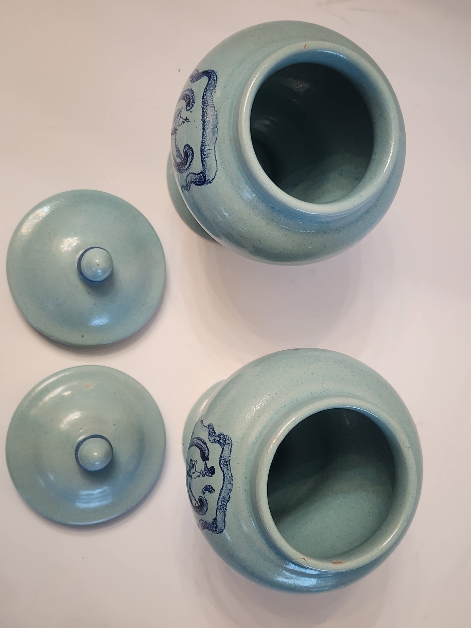 1920s Pair of French Aqua Blue Stoneware Canisters - 3