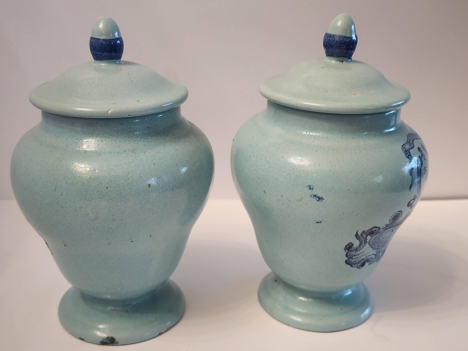 1920s Pair of French Aqua Blue Stoneware Canisters - 4