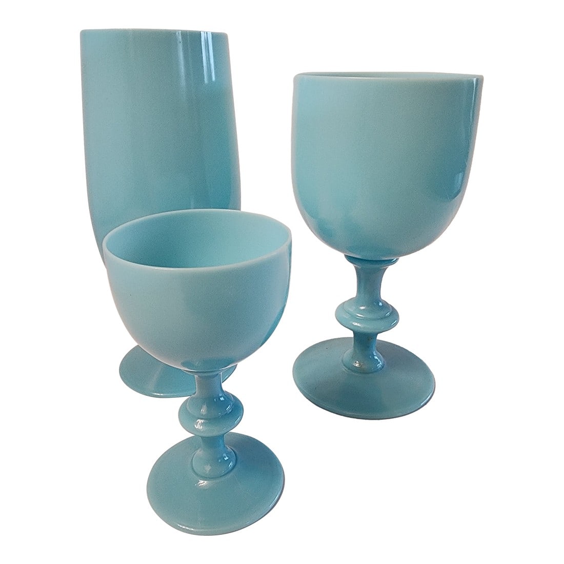 1930s Set of 3 Portieux Aqua Opaline French Glasses: Very collectable. 3 glasses for your collection. All in excellent condition. Water Goblet 7.25" Wine Glass 6.5" Smaller glass 4.5" Beautiful Opaline Aqua color. Condition: Alterations: Original Condit