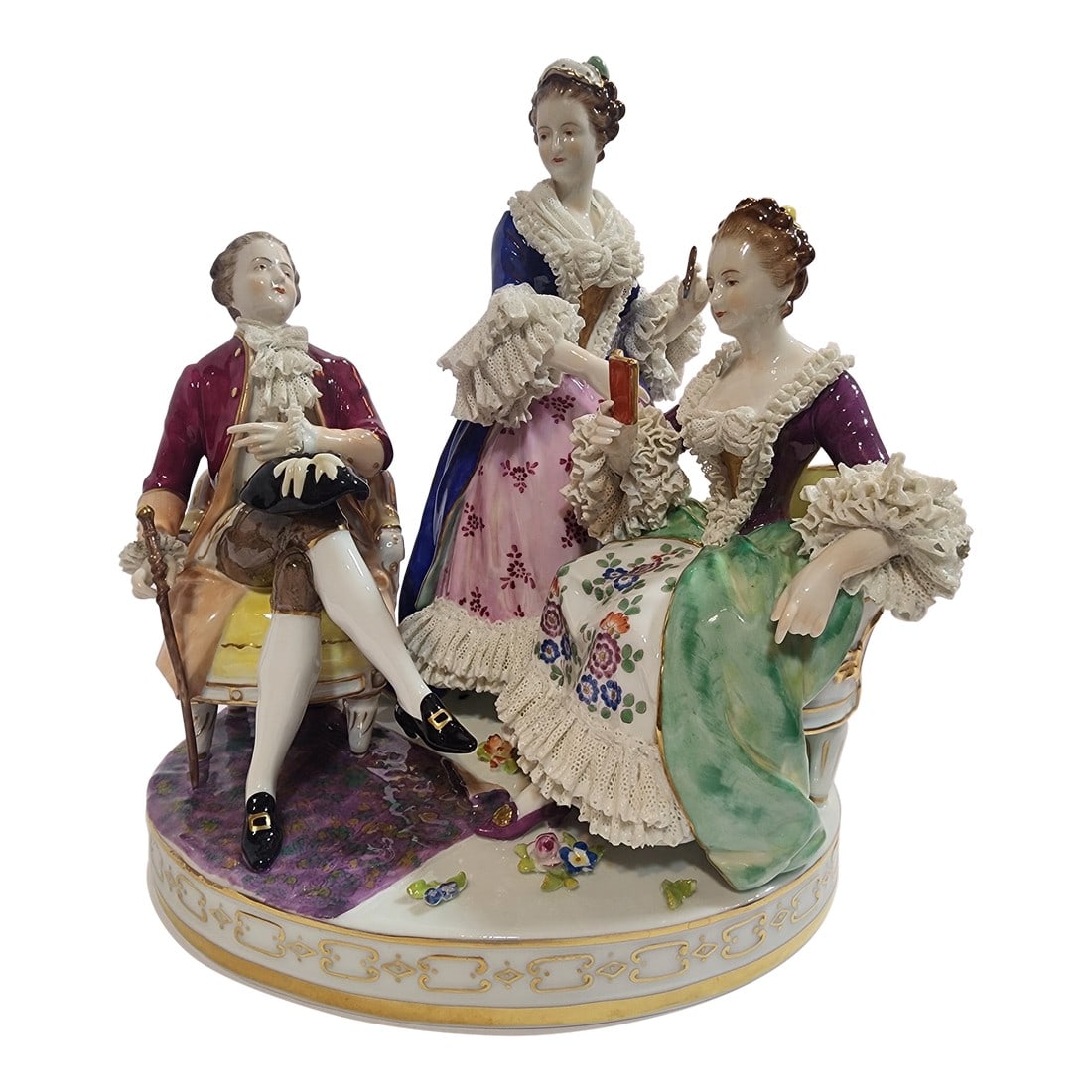 19th Century Dresden Lace La' Toilette Porcelain Figurine: Beautiful Antique piece in Excellent Condition. Shows a gentleman waiting patiently for his lady as her Maid finishes up her couiffure. Meticulously cared for it is a nice larger piece perfect for