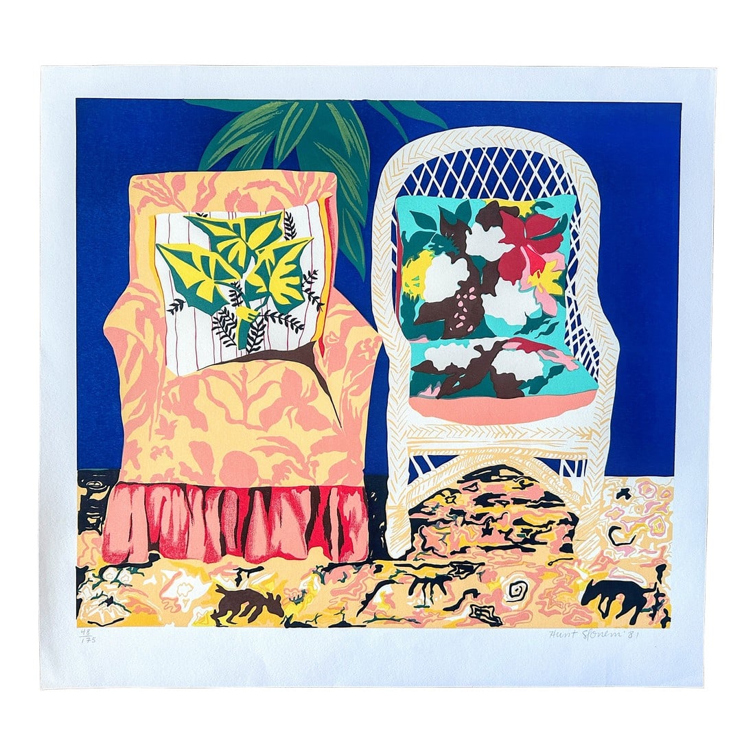 1980s Original Signed Hunt Slonem Serigraph Chair Duet, 48/175: Hunt Slonem (American b. 1951), serigraph Chair Duet, 1981, pencil signed, dated, and numbered 48/175, with full margins. (A serigraph is a high-quality, hand-pulled art print made using the