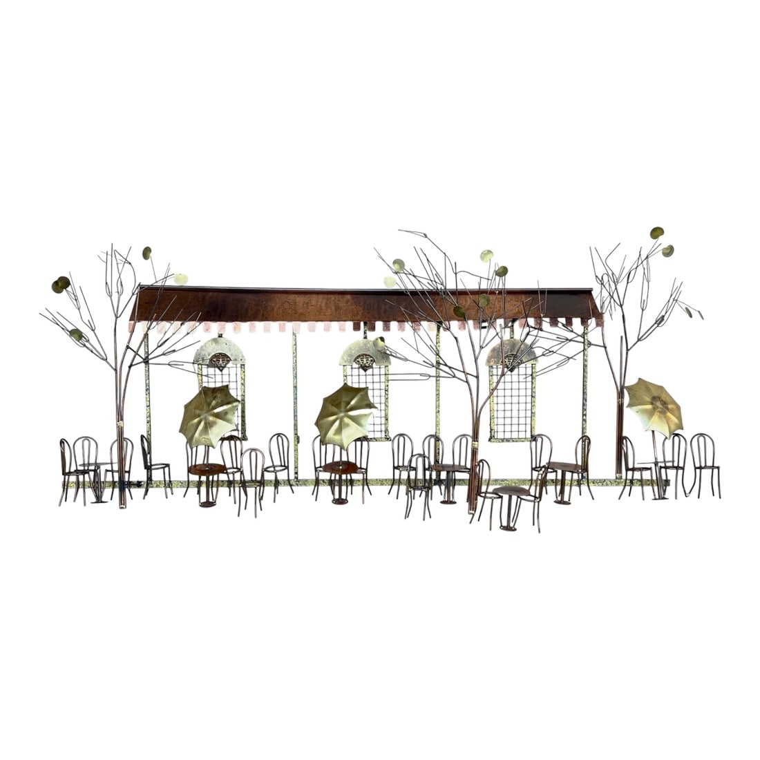 C Jere Curtis Sculpture: This striking Curtis Jere wall sculpture depicts a whimsical European café street scene, rendered in the iconic mixed-metal style for which Jere is renowned. The composition features hand-forged 