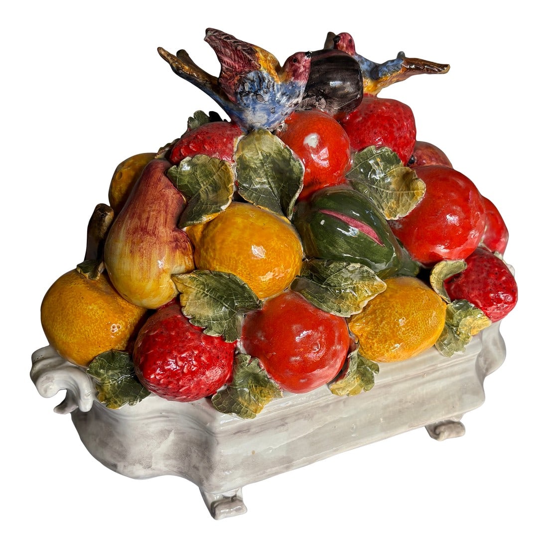 1950s Mueselman Topiary Centerpiece Italy: Fine Art Majolica Topiary Centerpiece by the Artist Muselman. The artist was known for his beautiful handmade detailed fruit arrangements. His signature is on the bottom. This piece has two blue