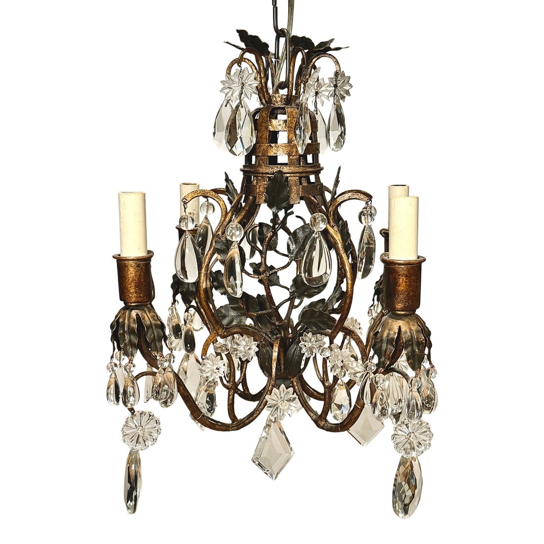 Mid 20th Century Italian Tole and Crystal Foliate Chandelier, Basket-Form (1 of 9)