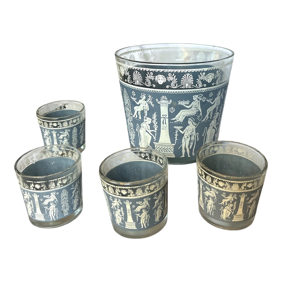 Vintage Jeannette Glass "Corinthian Blue" Neoclassical Cocktail Set – Ice Bucket & Glasses: A beautiful and highly collectible vintage cocktail set by Jeannette Glass Company, featuring the sought-after Corinthian Blue pattern. This coordinated set includes a generously sized ice bucket and 