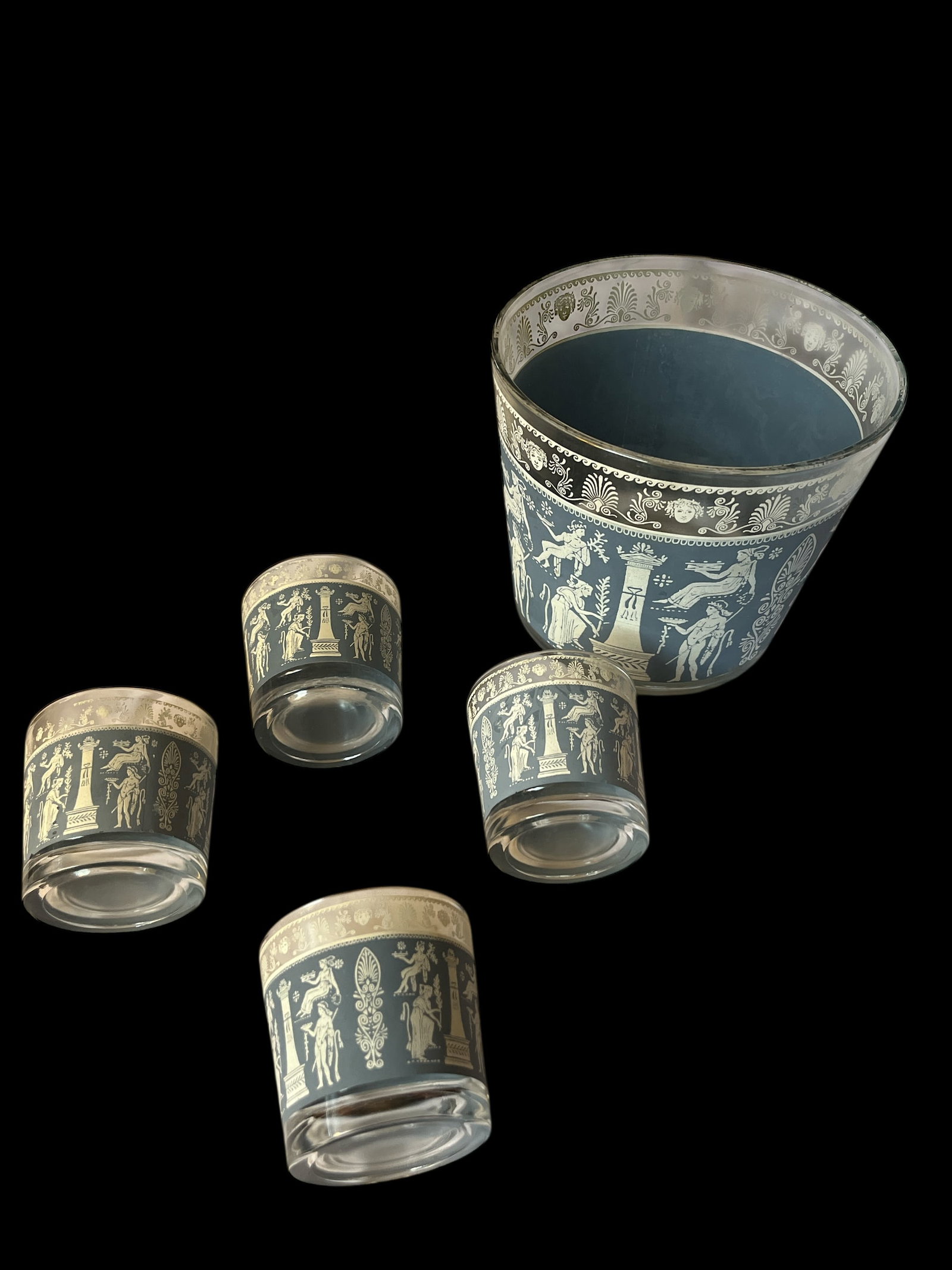 Vintage Jeannette Glass "Corinthian Blue" Neoclassical Cocktail Set – Ice Bucket & Glasses - 3