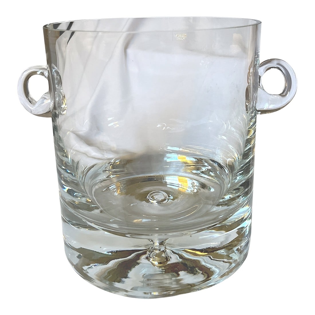 Vintage Krosno Crystal Ice Bucket | Poland | Mid-Century Modern Barware: Elegant vintage crystal ice bucket by Krosno, the renowned Polish glassmaker celebrated for its clarity, weight, and modern forms. This piece features a generous cylindrical silhouette with a thick, s