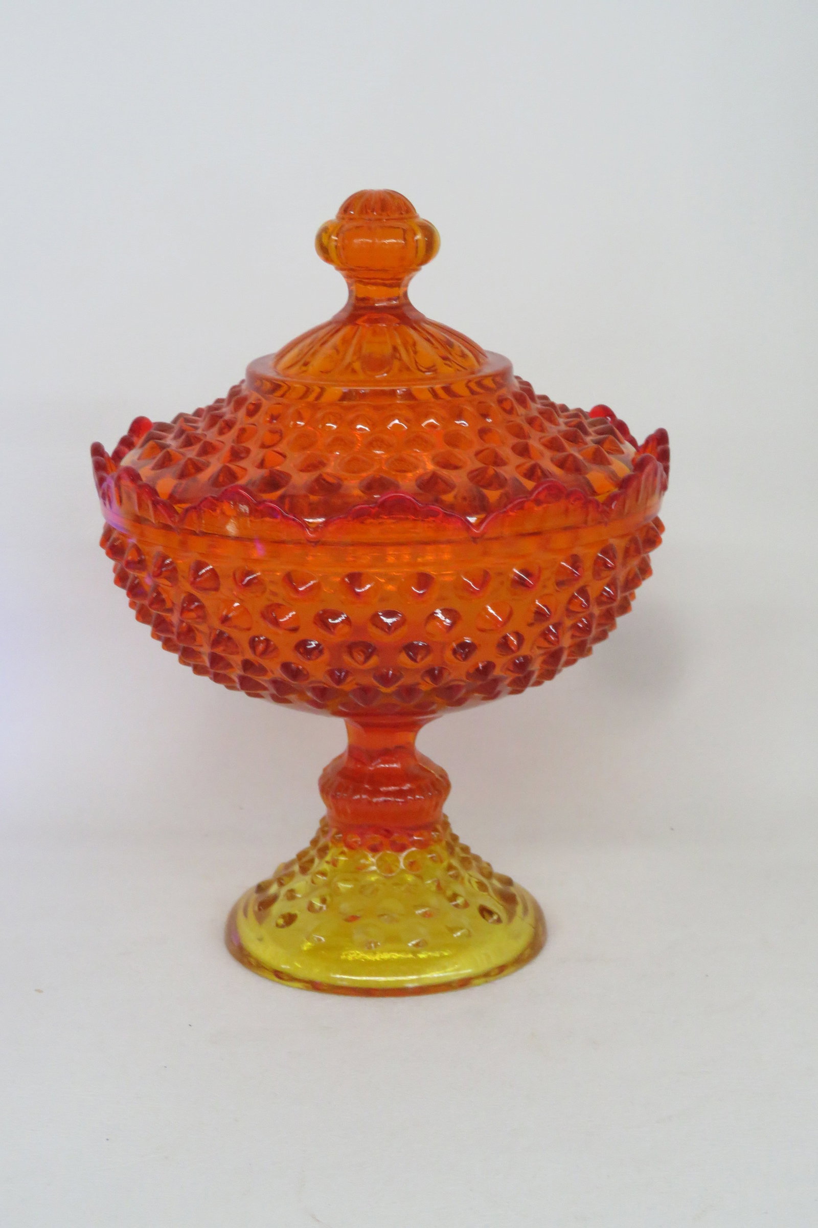 Fenton Amberina Hobnail Style Scalloped Rim Pedestal Covered Candy Dish 4564b - 2