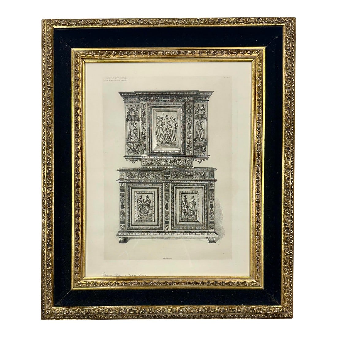 Architectural Traviel: Cabinetry & Furniture Design, 1888 (Framed): Original 19th-century engraving depicting ornate 16th–17th century European cabinetry and furniture design by Albert Racinet, 1888 publication Le Costume Historique . The composition features a
