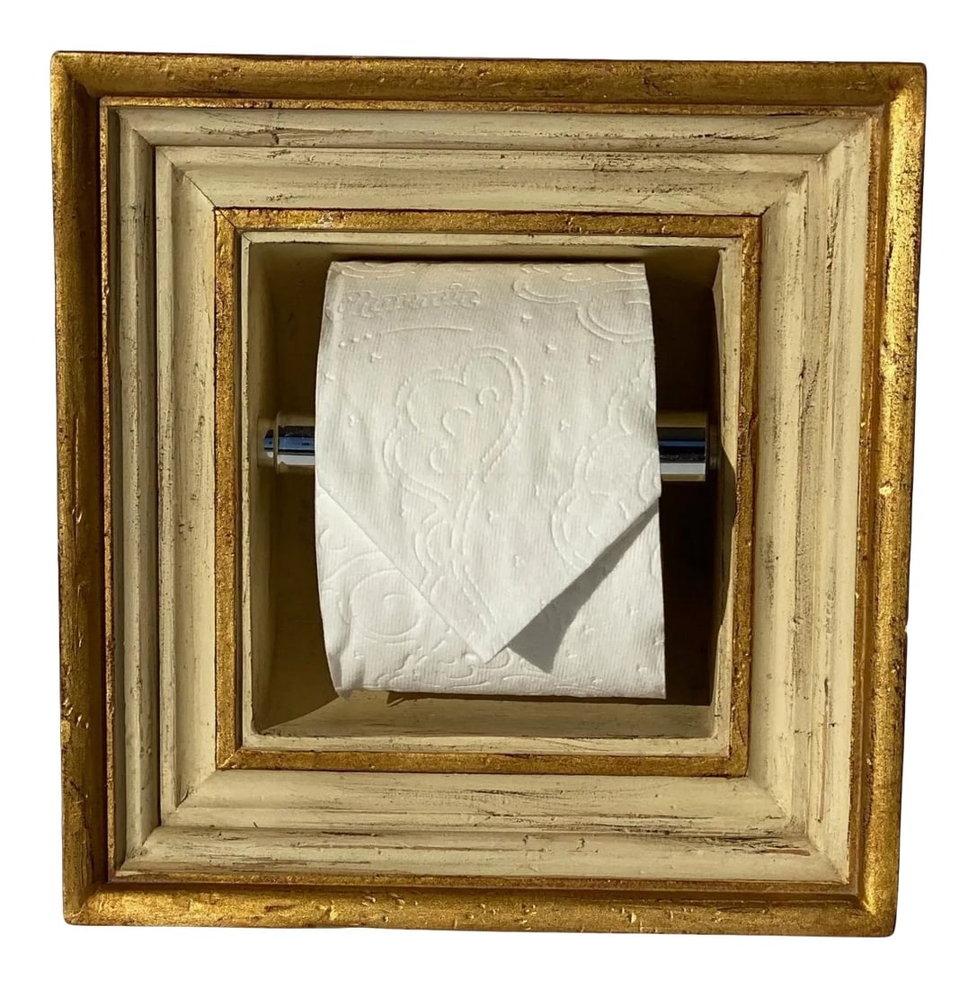 Baroque Style Bathroom Paper Holder in "Nicollo" White & Parcel-Gilt by Judson Rothschild for The Ro: Created for The Rothschild Collection - "Nicolllo" 2006 Â© - In the Baroque Style, this Paper Holder is manufactured out of American Alder. The square frame with layered bolection mouldings