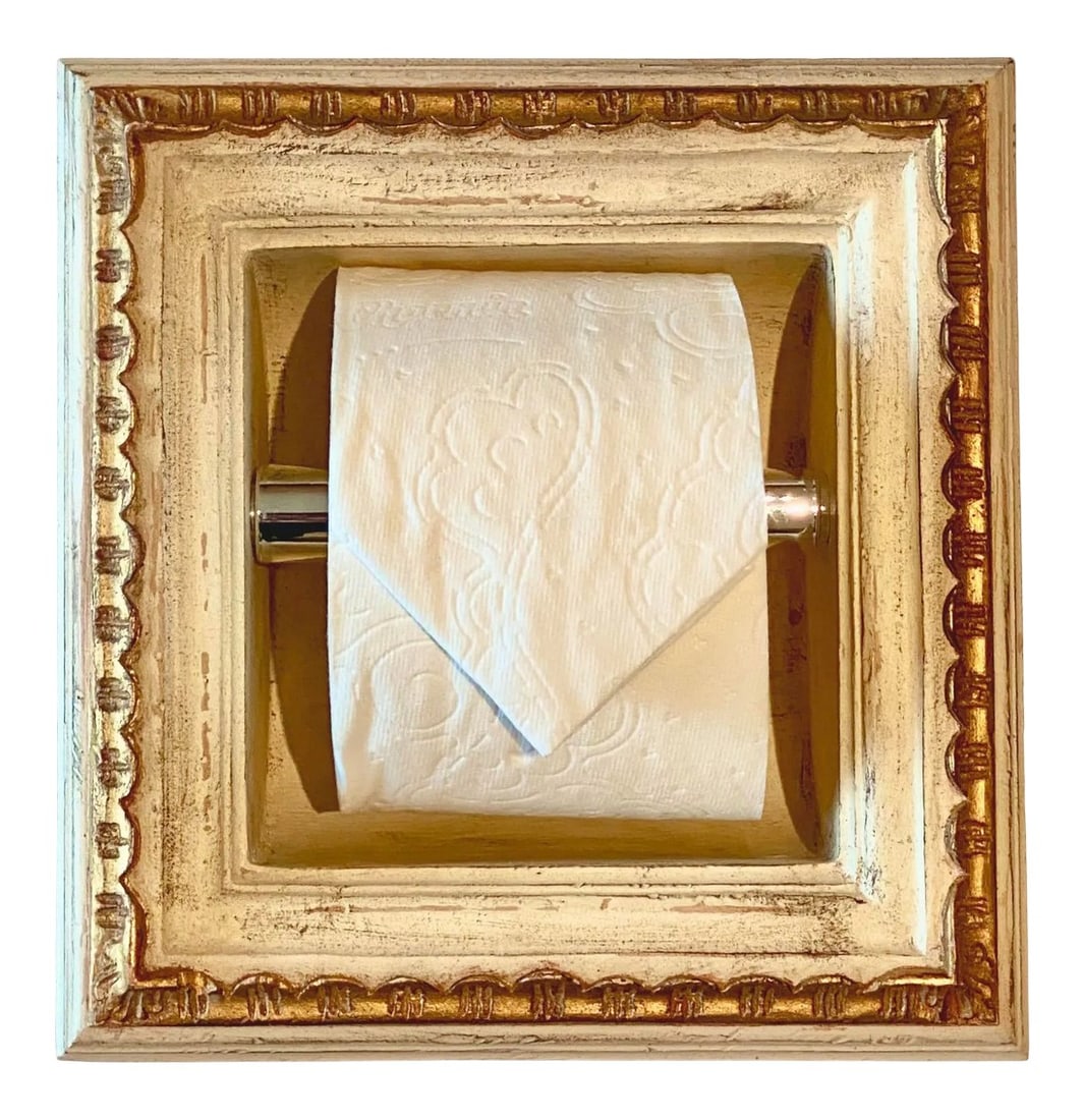 Italian Baroque Style Bathroom Paper Holder "Ferrantino" Antique White & Parcel-Gilt by Judson Roths: Created for The Rothschild Collection - "Ferrantino" 2006 Â© - In the Italian Baroque Style, this Paper Holder is manufactured out of American Alder. The square frame with stylized