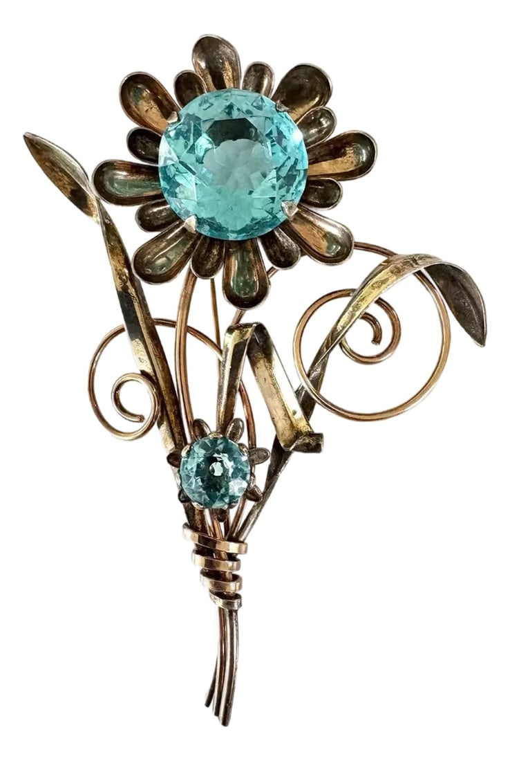 Early 20th Century Art Deco 12k Gold Filled Brooch With Large Blue Stone - Stamped and Signed Harry: Stunning, large art deco 12k gold filled brooch stamped and signed by Harry Iskin. Condition: Alterations: Original Condition Unaltered Imperfections: Some Imperfections Condition Notes: Excellent
