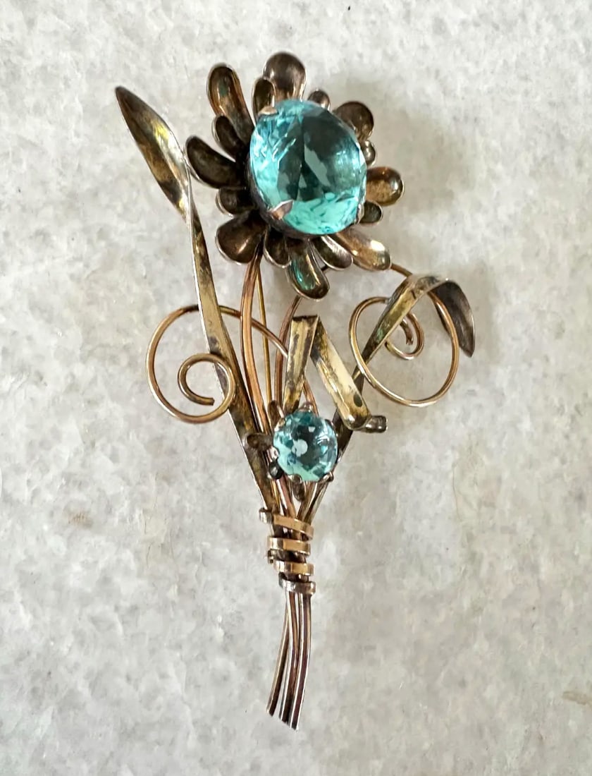 Early 20th Century Art Deco 12k Gold Filled Brooch With Large Blue Stone - Stamped and Signed Harry - 2
