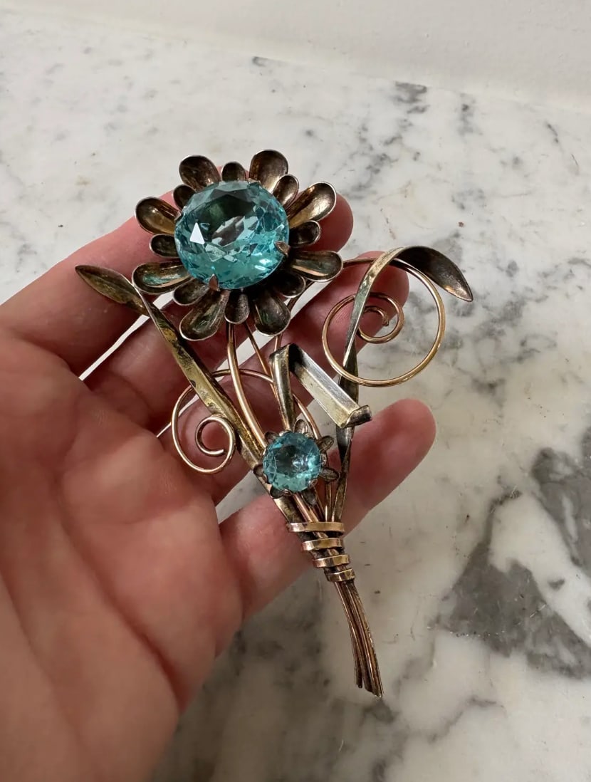 Early 20th Century Art Deco 12k Gold Filled Brooch With Large Blue Stone - Stamped and Signed Harry - 3