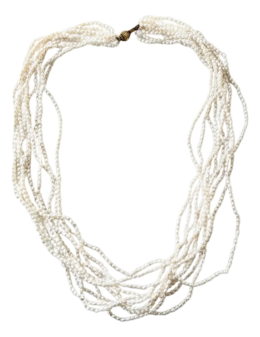 Vintage Multi Strand Freshwater Pearl Beaded Necklace - 28": Gorgeous vintage multi strand freshwater pearl necklace. Gold tone metal clasp. 28" long Condition: Alterations: Original Condition Unaltered Imperfections: Some Imperfections Condition Notes: Excelle