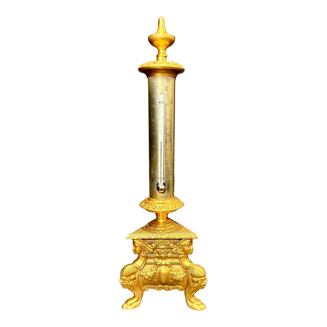 Grand Tour Neoclassical Gilt and Silvered Bronze Thermometer: A refined 19th-century Grand Tour thermometer, executed in gilt bronze with a silvered bronze central cylinder, reflecting the Neoclassical revival popular among European travelers and collectors of