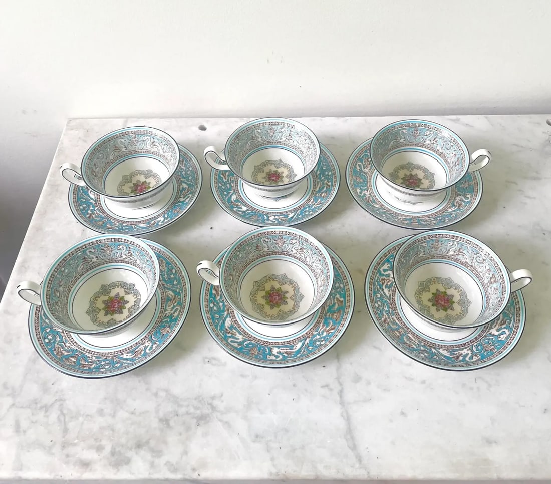 Vintage Wedgwood Florentine Pattern Tea Cup and Saucer Set - Set of 6 - 9