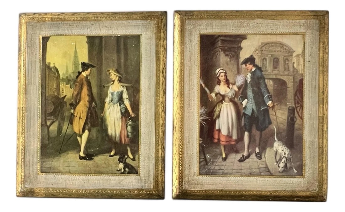 Mid Century Italian Florentine Courting Couple Plaque - A Pair: Offering this pair of mid century Italian Florentine "Courting Couples" wall plaques. Each shows a couple strolling through city streets. Each measures 8" w x .5" d x 20" h. Some minor very small scuf