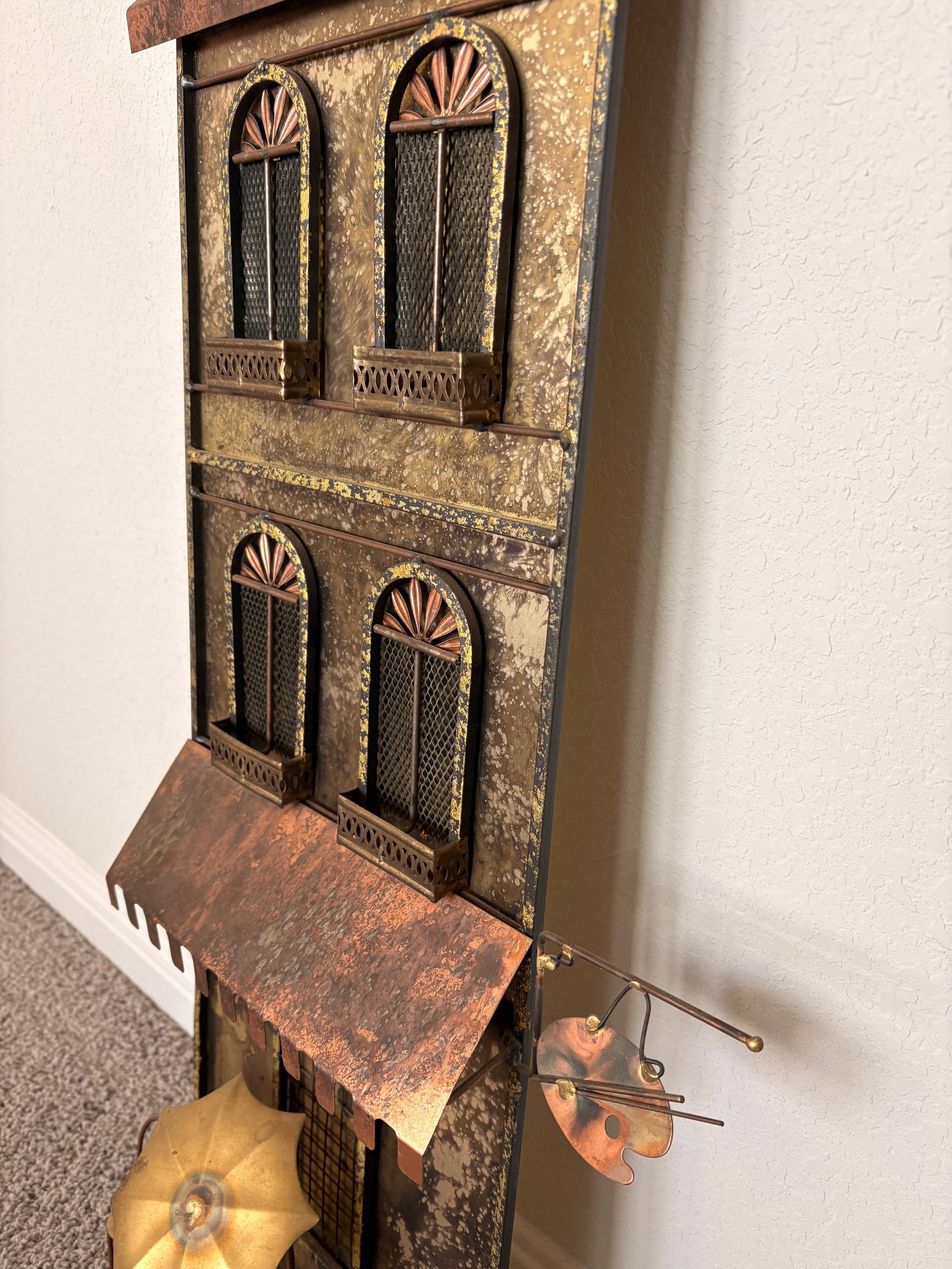 1970s Signed Curtis Jere Mid-Century Modern Street Shop Scene Wall Sculpture in Copper & Brass - 11