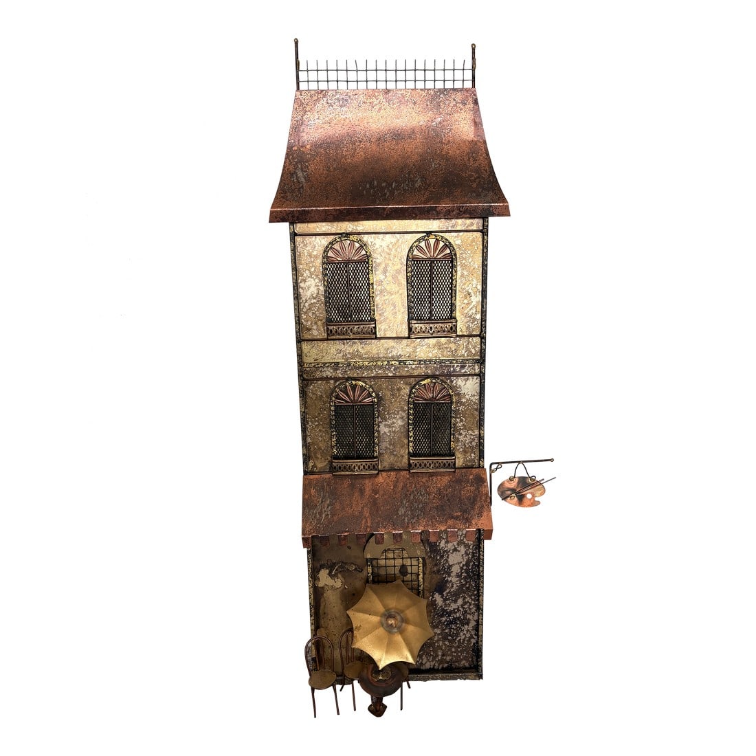 1970s Signed Curtis Jere Mid-Century Modern Street Shop Scene Wall Sculpture in Copper & Brass: Creator: Curtis Jere Origin: United States Period: Mid-Century Modern, circa 1960s–1970s Materials: Copper, brass, steel Condition: Vintage – good, with age-appropriate wear Signature: Sig