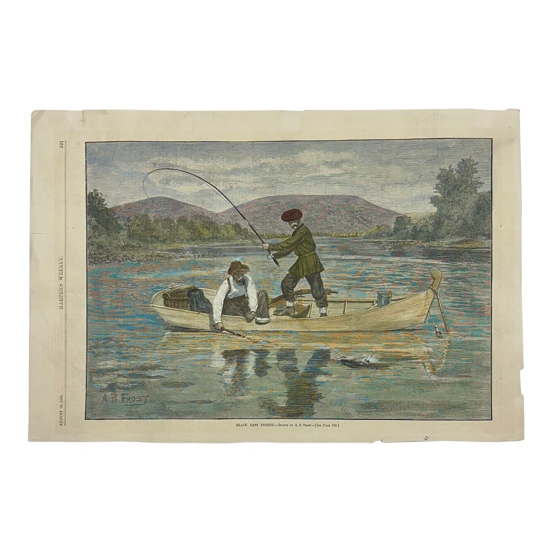 Black Bass Fishing After Ab Frost Original Print, 1882: Original hand colored wood engraving of Black Bass Fishing, created by American artist A. B. Frost and published in Harper's Weekly in August 1882. The print was featured in the August 19, 1882,