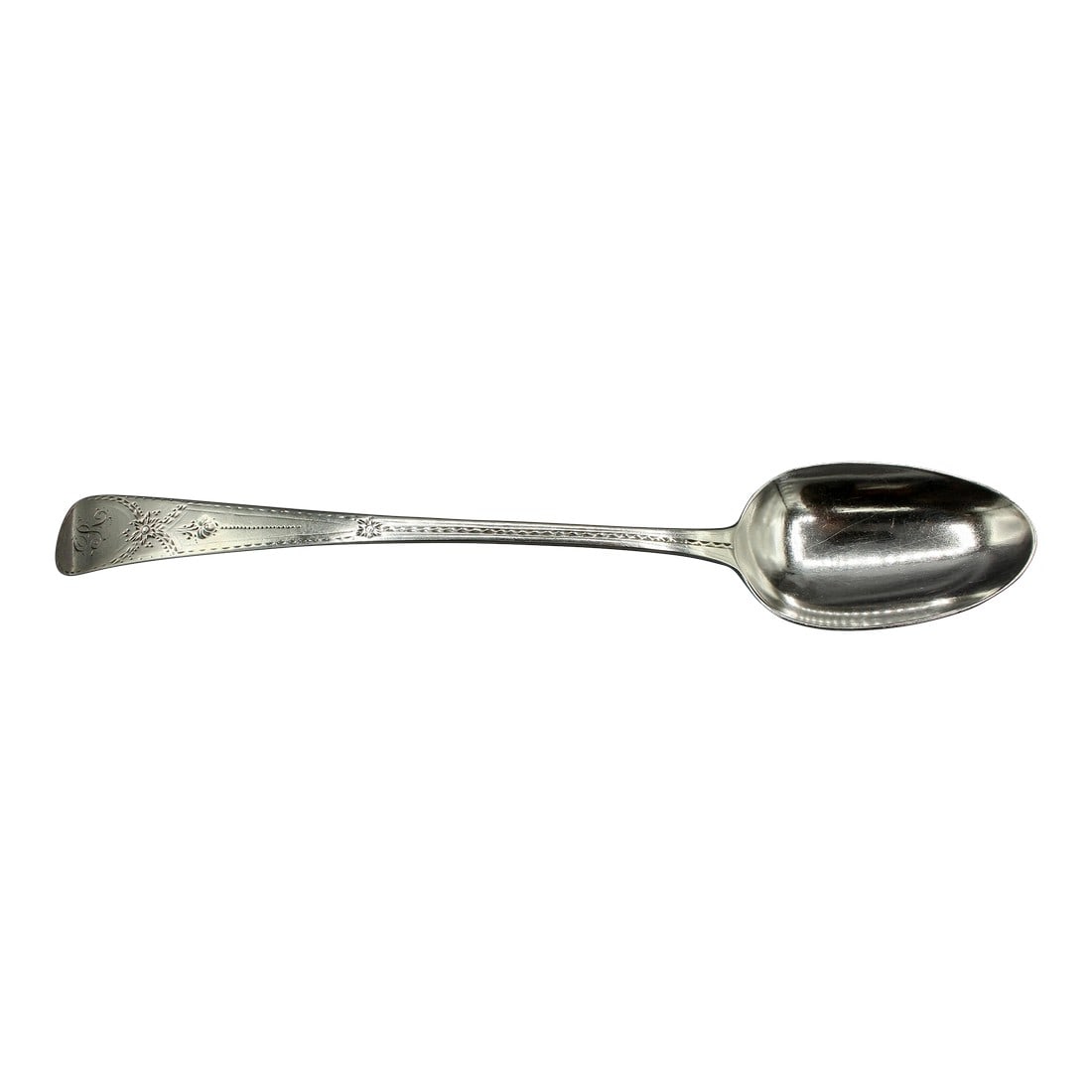 1784 George III Period Sterling Silver Basting Spoon: London, 1784, Old English Engraved sterling silver basting spoon. George III period by John Lamb (2nd mark of 1782) working 29 Fetter Lane. Monogram "R". Very good, crisp condition. 3.15 troy oz. 11"